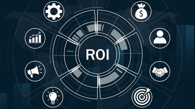 Dynamic digital infographic display featuring roi concept with animated business financial growth metrics, strategic planning symbols, and corporate data visualization for presentations