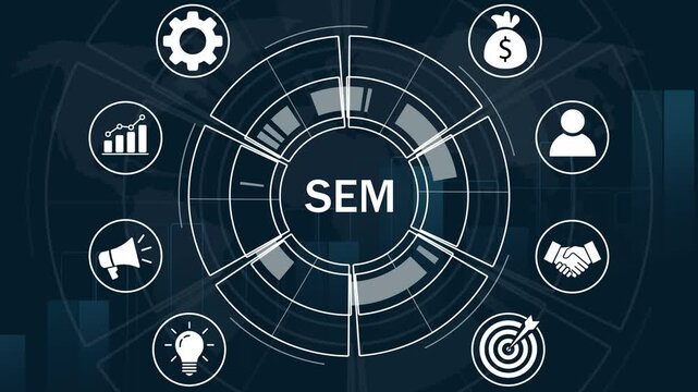 Dynamic sem search engine marketing concept featuring animated digital interface with strategic business data analytics, growth charts, and global connectivity for corporate presentations