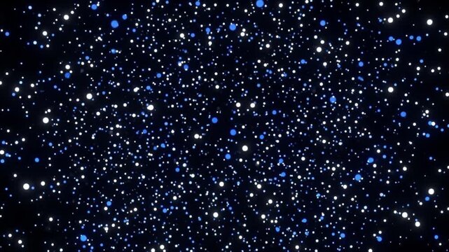 漆黒の真空空間に分散し浮遊する白とコバルトブルーの美しい量子ドットと粒子の抽象CG動画
