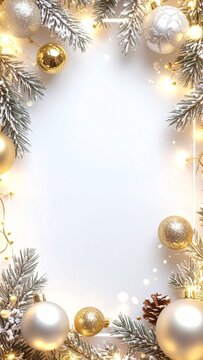 Premium vertical luxury Christmas background with gold and silver ornaments, frosted pine branches, and large copy space