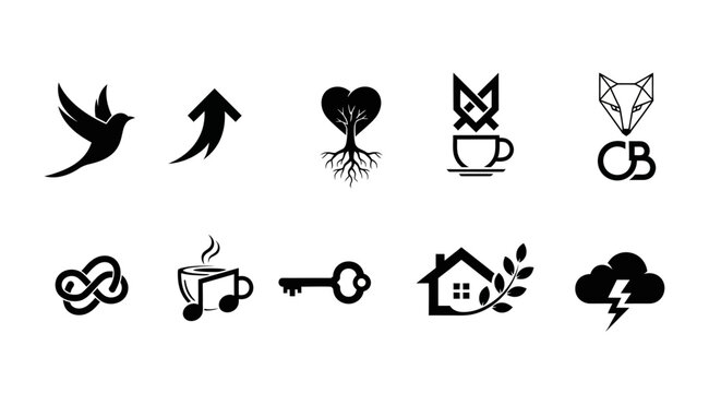 Collection of minimal black vector logos with arranged white background displays set distinct minimalist monochrome silhouette lightning with branding