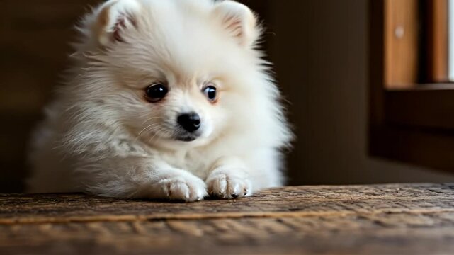 Adorable fluffy white puppy with big eyes lying on a rustic wooden surface indoors.