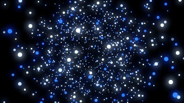 漆黒の真空空間に分散し浮遊する白とコバルトブルーの美しい量子ドットと粒子の抽象CG動画