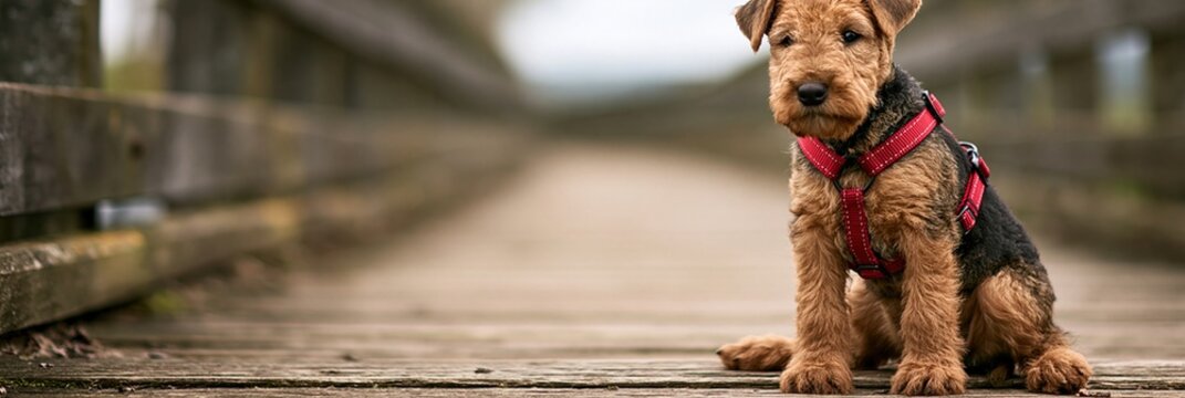 Young Airedale terrier wearing red harness sits calmly on weathered bridge planks with blurred background