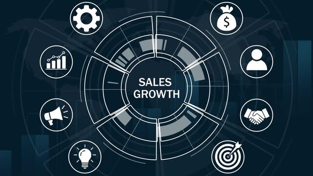 Dynamic sales growth infographic animation featuring circular business digital marketing strategy corporate performance metrics, and data visualization for modern financial presentations