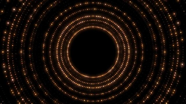 漆黒の宇宙空間から手前へ拡大する琥珀色とローズプラチナの輝く粒子の同心円CG動画