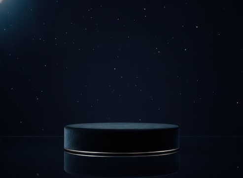 A dark blue velvet podium display stand with a golden edge under a night sky with glowing starry particles
