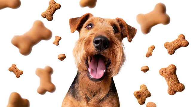 Happy airedale terrier with bone pieces isolated on transparent background png cutout