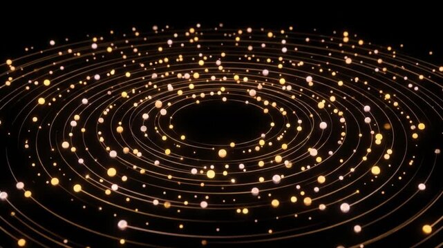漆黒の宇宙空間から手前へ拡大する琥珀色とローズプラチナの輝く粒子の同心円CG動画