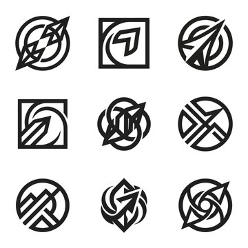 A compilation of nine black and white circular and square logos showcases abstract arrow designs and interconnected geometric patterns.