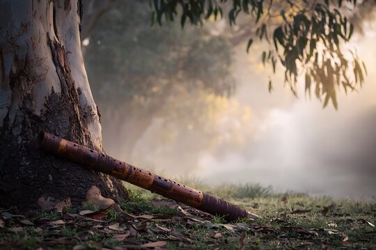 Didgeridoo resting against a tree in a misty Australian landscape, evoking a sense of tranquility and connection to nature.