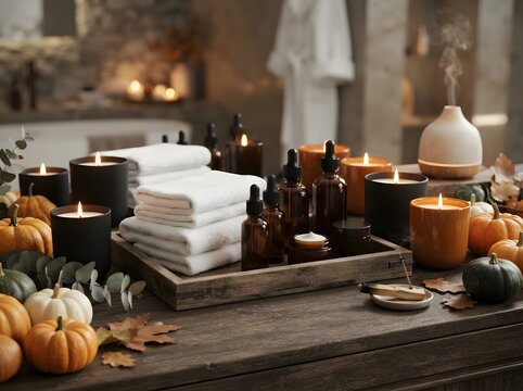 Spa towels and candles with small pumpkins on a dark table in a cozy home setting