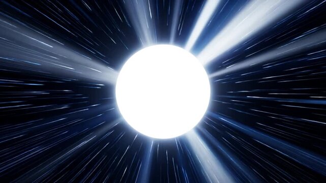 漆黒の宇宙空間で手前に迫り来る白い量子球体とコバルトブルーの粒子のワープCG動画
