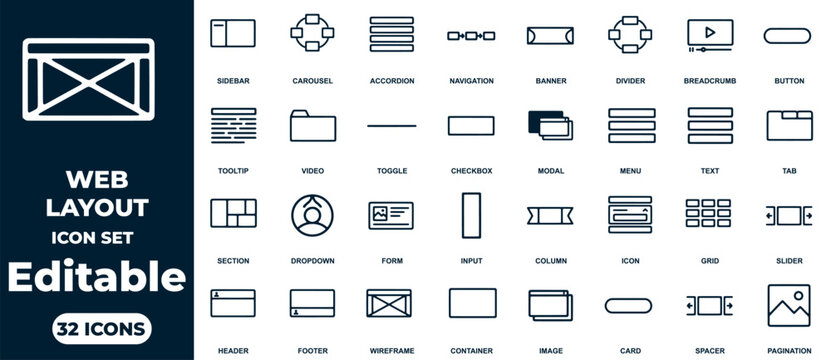 Editable web layout icons set transparent background design elements collection