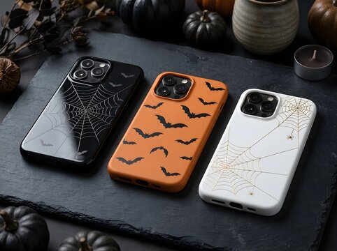 Three decorative halloween smartphone cases with spider web and bat patterns on table