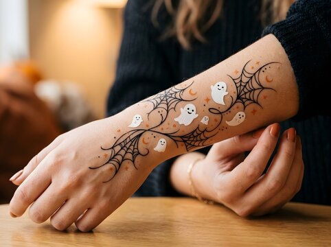 Cute ghost and spider web temporary tattoo design on a person's arm for halloween