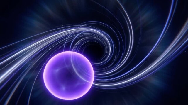 漆黒の宇宙空間で手前に迫り来る紫色の量子球体と群青色の螺旋状の光の渦のワープCG動画