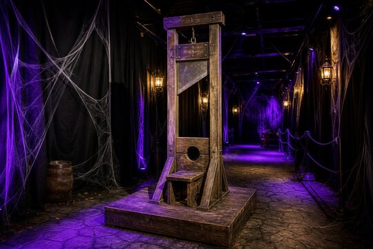 Spooky dark Halloween haunted house decoration with guillotine