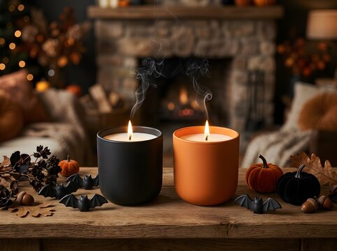 Two burning candles in black and orange jars on a wooden table for halloween decor