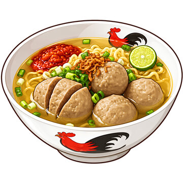 Indonesian meatball noodle soup bakso mie in a traditional rooster bowl with chili sambal and lime