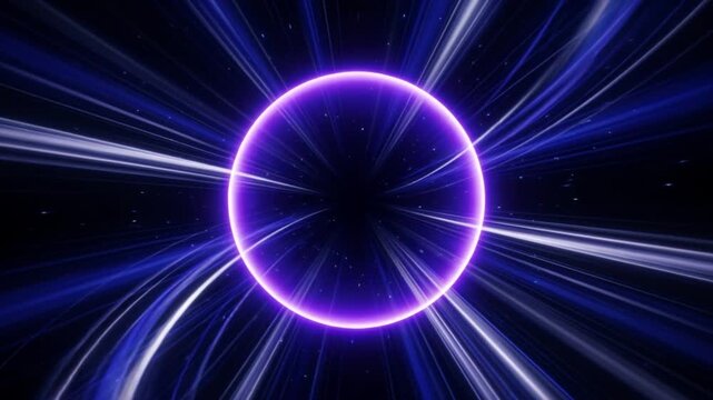 漆黒の宇宙空間で手前に迫り来る紫色の量子球体と群青色の螺旋状の光の渦のワープCG動画