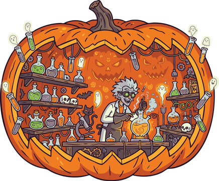 Spooky Mad Scientist Laboratory Inside a Giant Carved Halloween Pumpkin