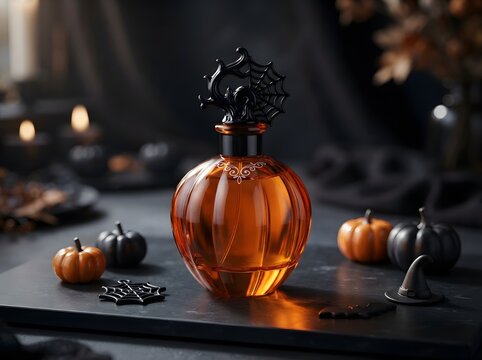 Orange pumpkin shaped glass perfume bottle on a dark table for a spooky halloween theme
