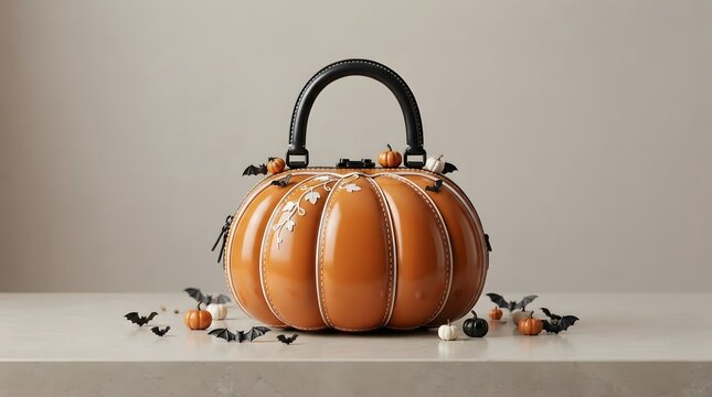 Orange pumpkin shaped handbag with small bat decorations for a festive halloween party