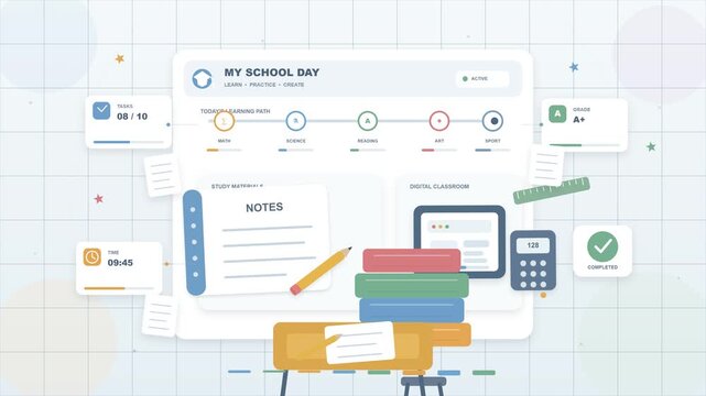 animated digital dashboard interface for an online school day e-learning platform featuring notes, study materials, grade tracking, and progress indicators.