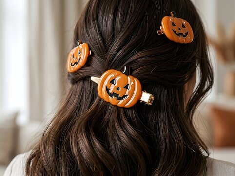 Woman wearing cute pumpkin hair clips for halloween party celebration in her dark hair