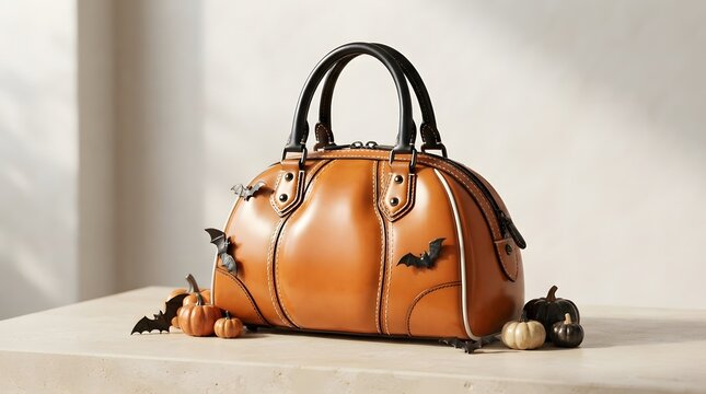 Orange leather handbag decorated with cute halloween bats and small pumpkins for autumn