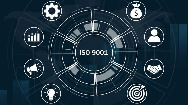 Iso 9001 management system concept with animated digital hud interface, global business strategy corporate compliance standards, certification process, and data analytics