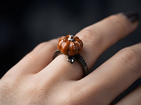 A cute orange pumpkin ring worn on a finger for a festive autumn and halloween style
