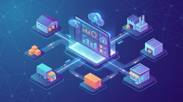 Digital supply chain management system connecting inventory, warehouses, manufacturing, transportation and retail through integrated data technology.
