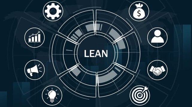 Lean methodology concept animation featuring digital infographic hud corporate strategy business efficiency workflow, process optimization, and modern data visualization