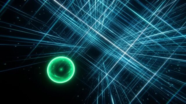 漆黒の宇宙空間で手前に迫り来る緑色の量子球体とシアン色の幾何学的な光線のワープCG動画