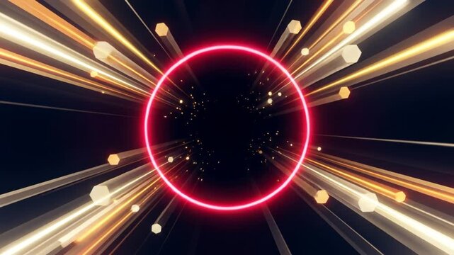 漆黒の宇宙空間で手前に迫り来る深紅の量子リングと黄金と琥珀色の六角形光線のワープCG動画