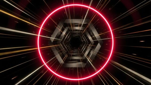漆黒の宇宙空間で手前に迫り来る深紅の量子リングと黄金と琥珀色の六角形光線のワープCG動画