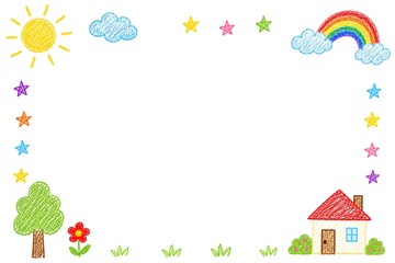 Fototapeta premium Childlike Crayon Drawing Background with Rainbow, Sun and House on White Background