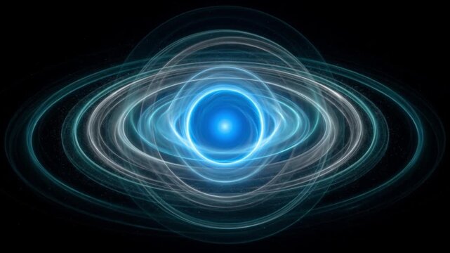 漆黒の宇宙空間で手前に迫る青色の量子コアとティールグリーンの波紋状の光のワープCG動画