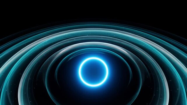 漆黒の宇宙空間で手前に迫る青色の量子コアとティールグリーンの波紋状の光のワープCG動画