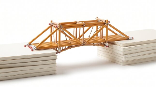 Wooden bridge model made of pencils, creative engineering concept on white background, miniature architectural structure