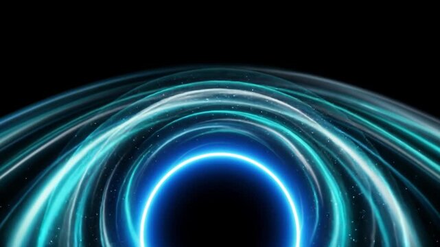 漆黒の宇宙空間で手前に迫る青色の量子コアとティールグリーンの波紋状の光のワープCG動画