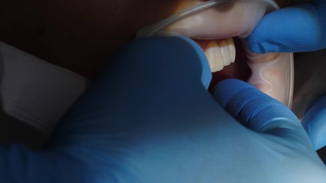 Dentist gloved hands carefully placing dental crown onto upper molar teeth. Retractor and suction tube visible. Professional restorative dentistry procedure for perfect bite and smile 4k video