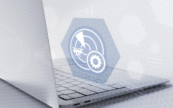 Digital concept art showing a laptop with a floating futuristic interface displaying drone settings and navigation radar in a modern technological environment.