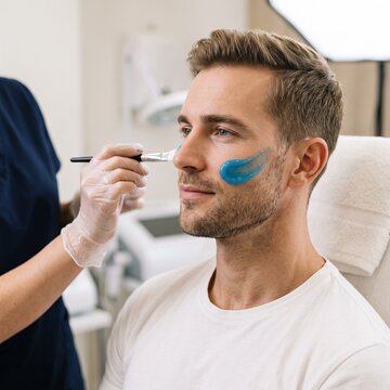 A man has a blue gel facial mask brushed onto his cheek by a gloved hand, a men's skincare and beauty treatment concept.