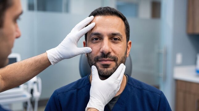 A gloved specialist examines a bearded man's face at a dermatology clinic, a skincare consultation and cosmetic treatment concept.