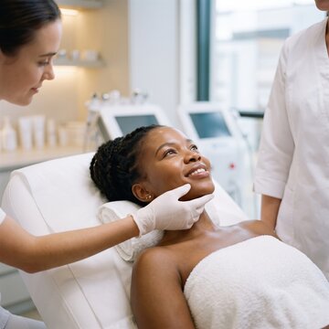 African American woman with locs lies relaxed as a gloved esthetician performs a facial treatment, a skincare and spa wellness concept