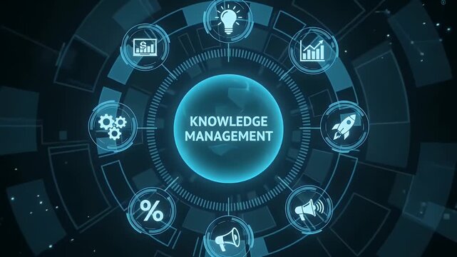 Knowledge management concept with digital business icons and glowing interface