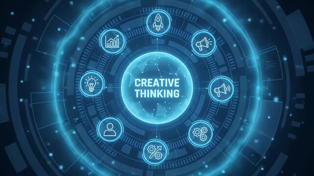 Creative thinking concept with digital icons and glowing network connection